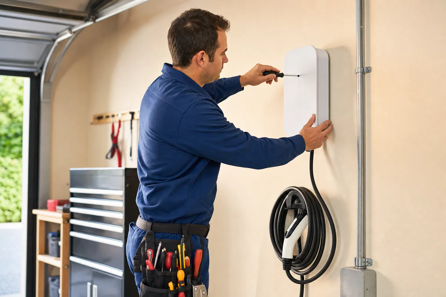 Licensed electrician in blue uniform installing a Level 2 EV charger on a residential garage wall in South Carolina