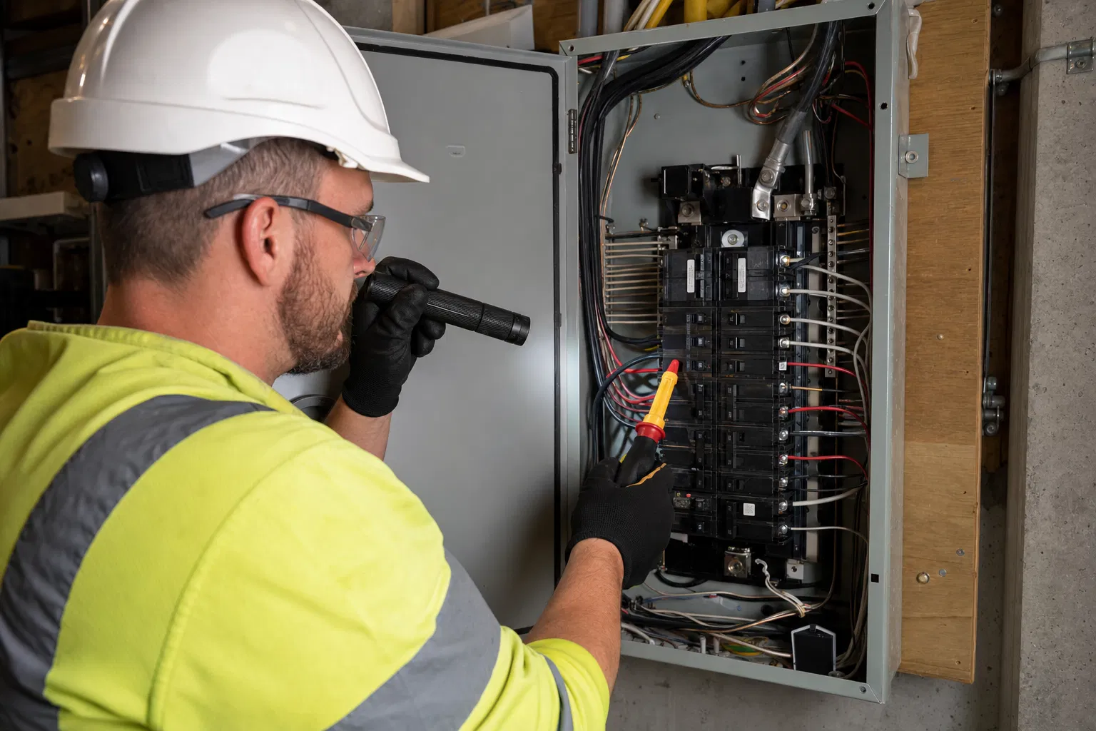 Licensed electrician inspecting a residential electrical panel circuit breaker box to assess capacity for EV charger installation in South Carolina