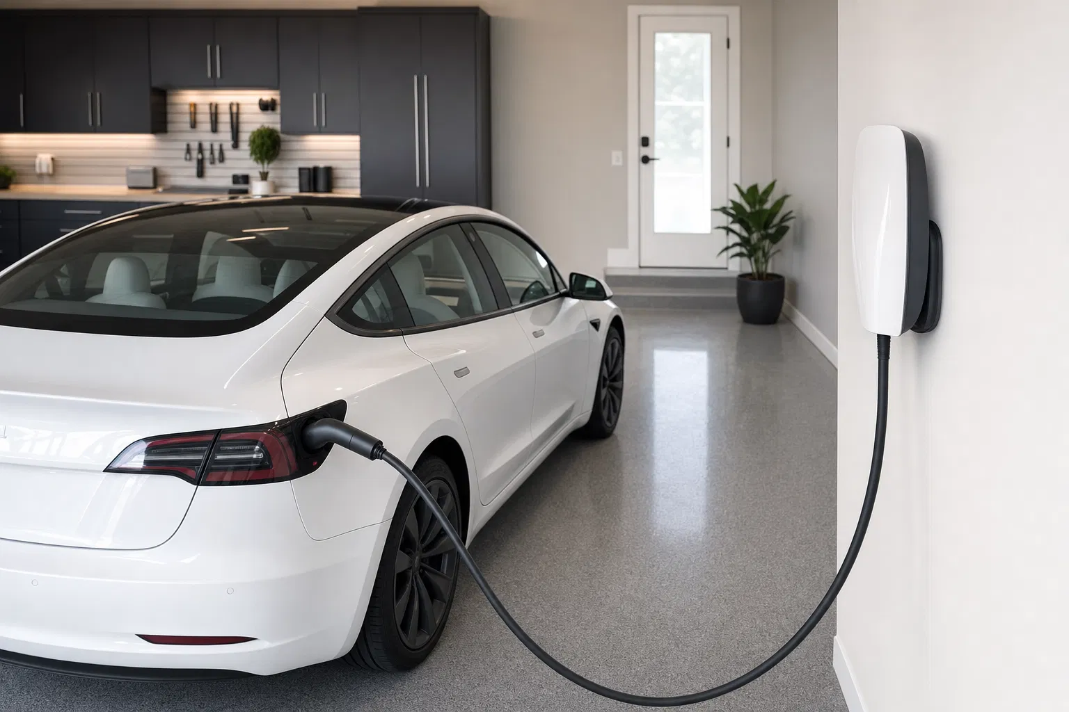 Home EV wall charger unit mounted in a modern South Carolina garage with a white electric sedan plugged in and charging