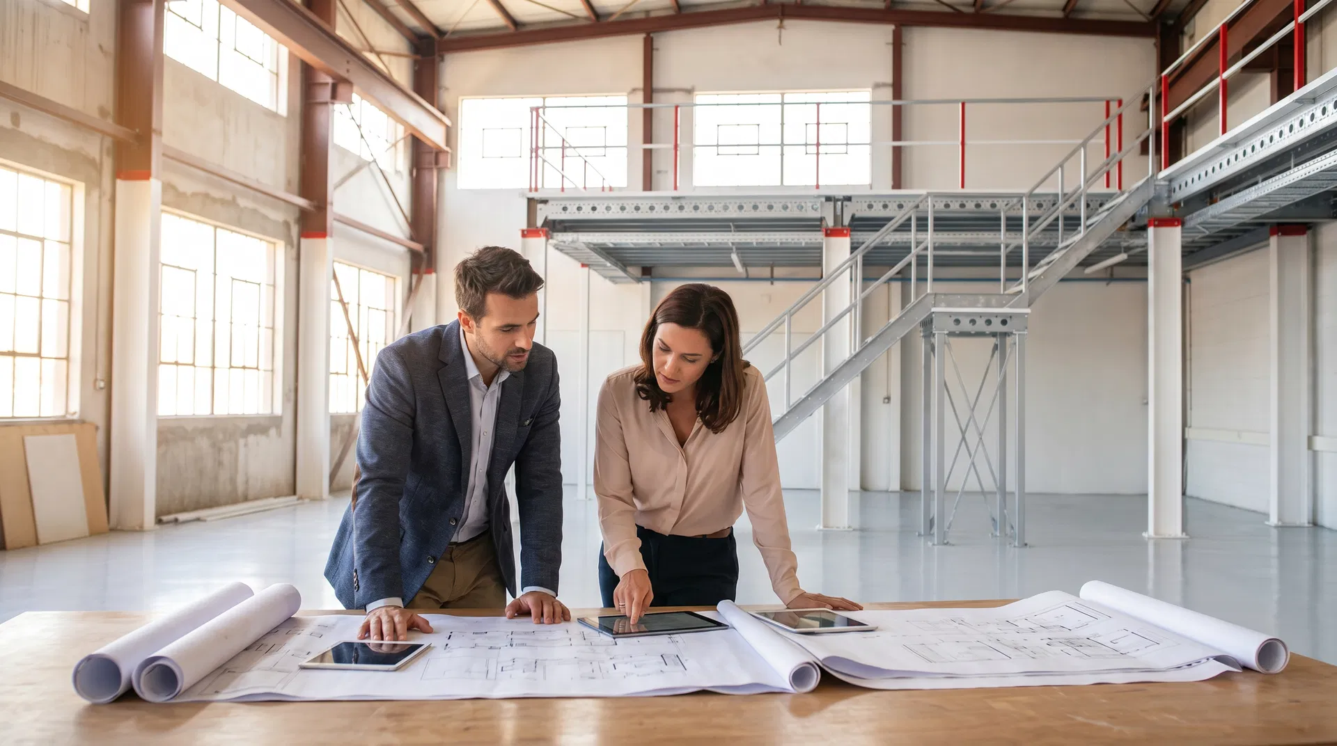 Business professionals reviewing mezzanine design blueprints inside a Profielnorm-style facility
