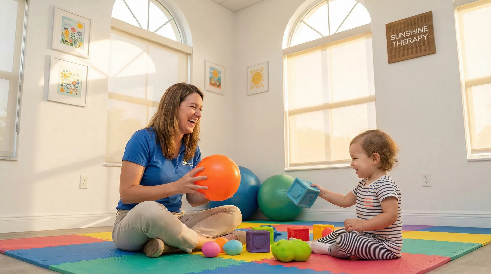 Compassionate pediatric physical therapist engaging with a young child in a warm therapy session