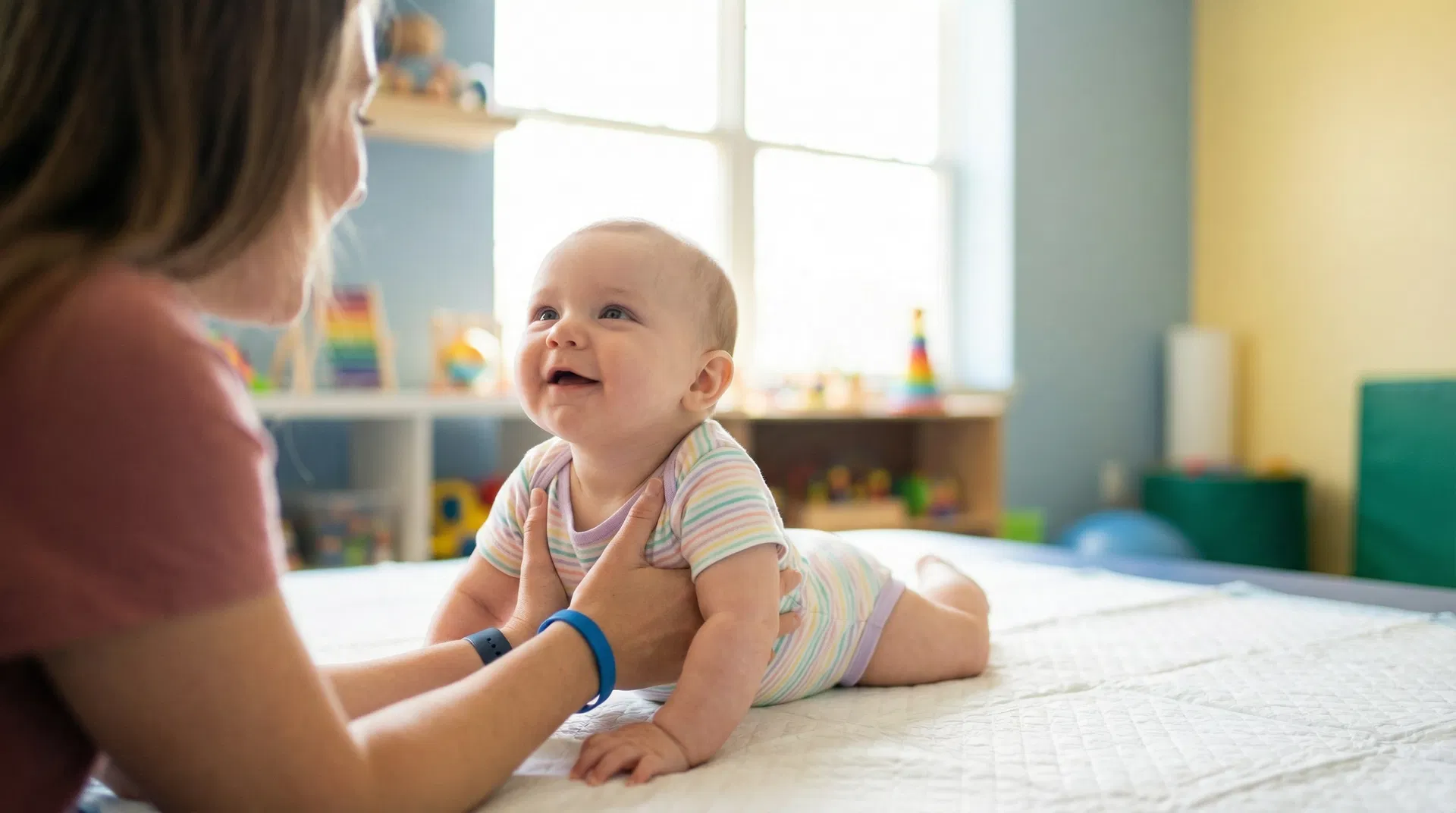 Gentle infant physical therapy session with a smiling baby