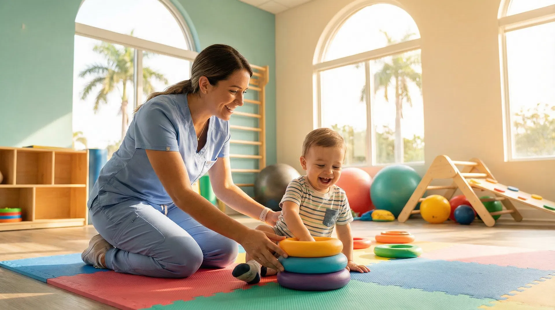 Pediatric physical therapist working with a happy toddler in a bright South Florida clinic