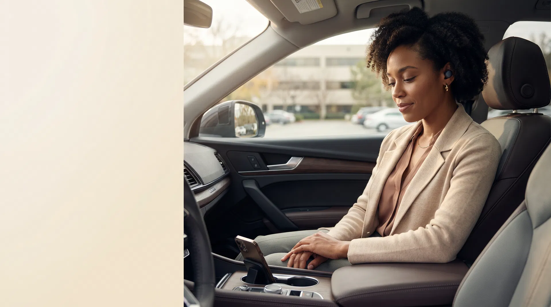 African-American woman using private virtual therapy from her car during a lunch break.