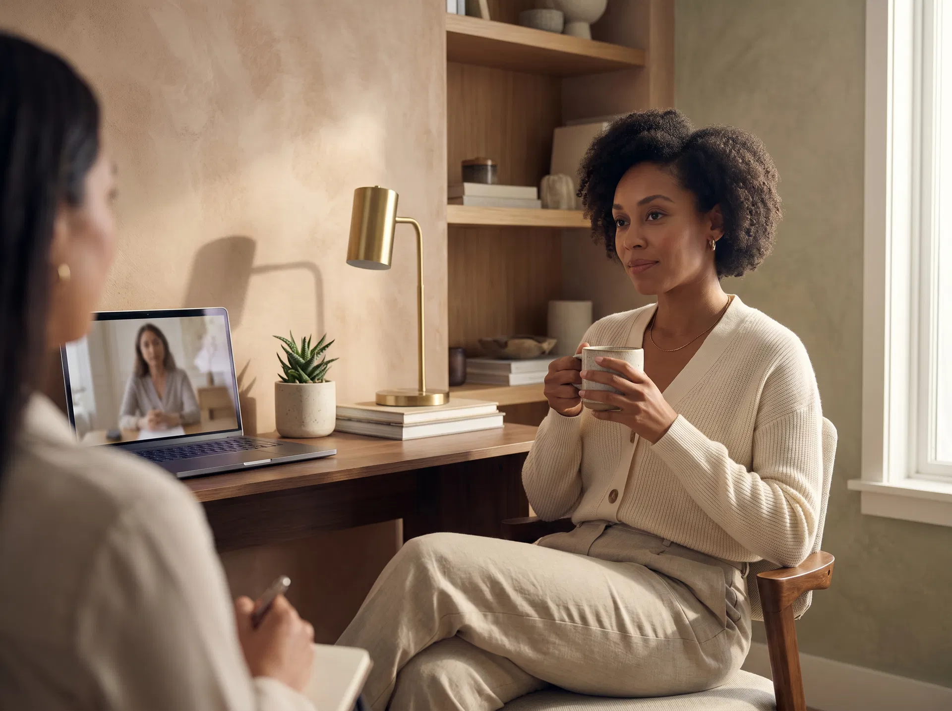 Hispanic woman attending therapy privately from a warm home office in Texas.