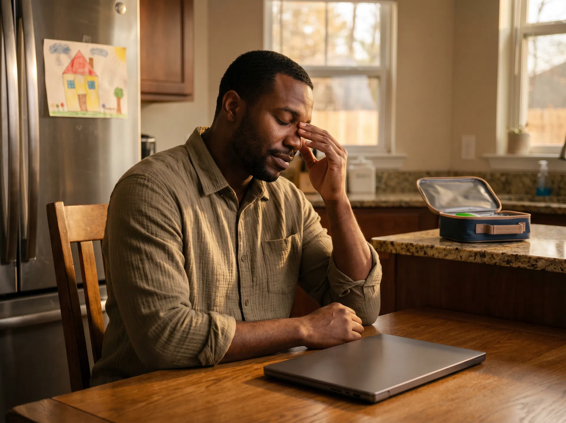 African-American father pausing after a stressful parenting day at home.