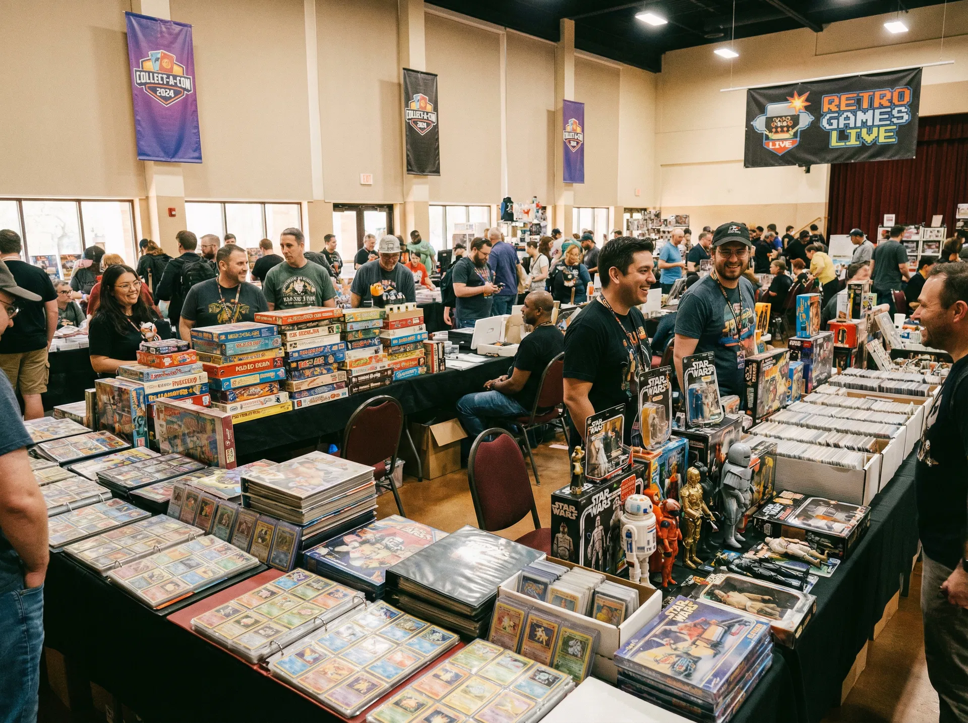 Bustling vendor floor at the Sip and Game Trade Show — collectibles, trading cards, and retro toys as far as the eye can see
