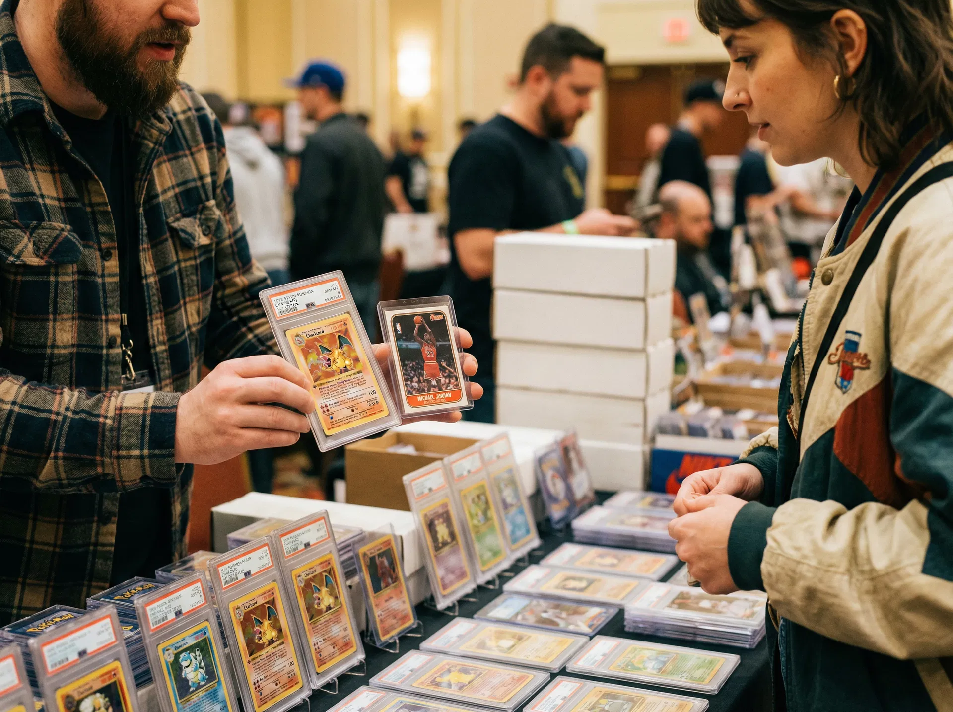 Vendor showcasing rare graded Pokemon and sports trading cards to an eager collector