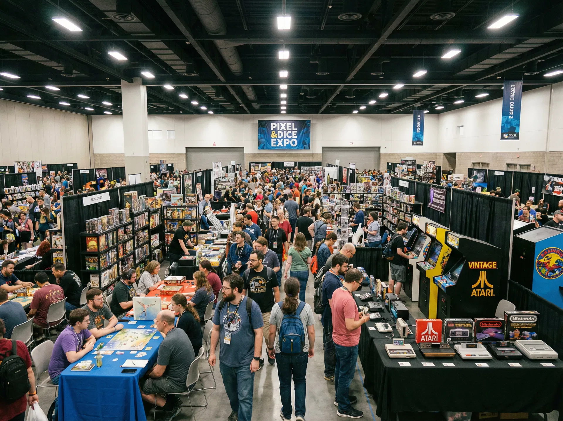 Gaming and collectibles expo in full swing — board game demos, retro arcade cabinets, and packed vendor booths