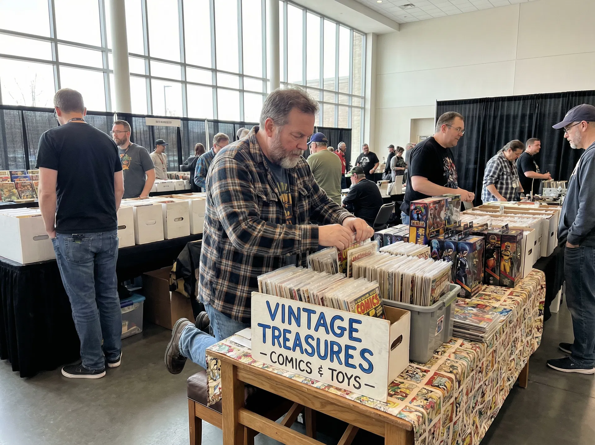Vintage comics and action figures on display — vendors bringing their best inventory to the marketplace