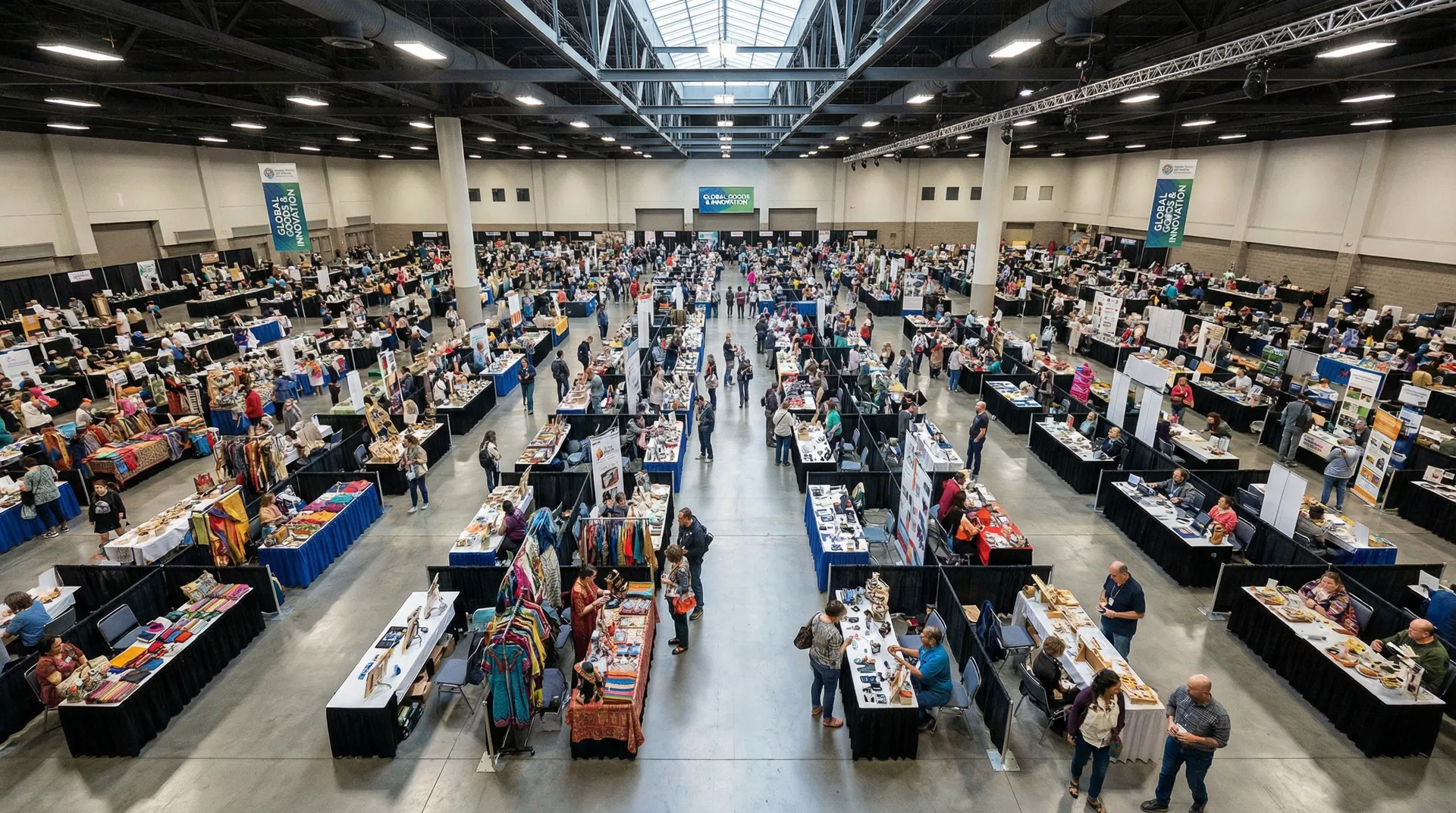 Aerial view of the trade show floor — organized rows of vendor tables packed with collectors and enthusiasts