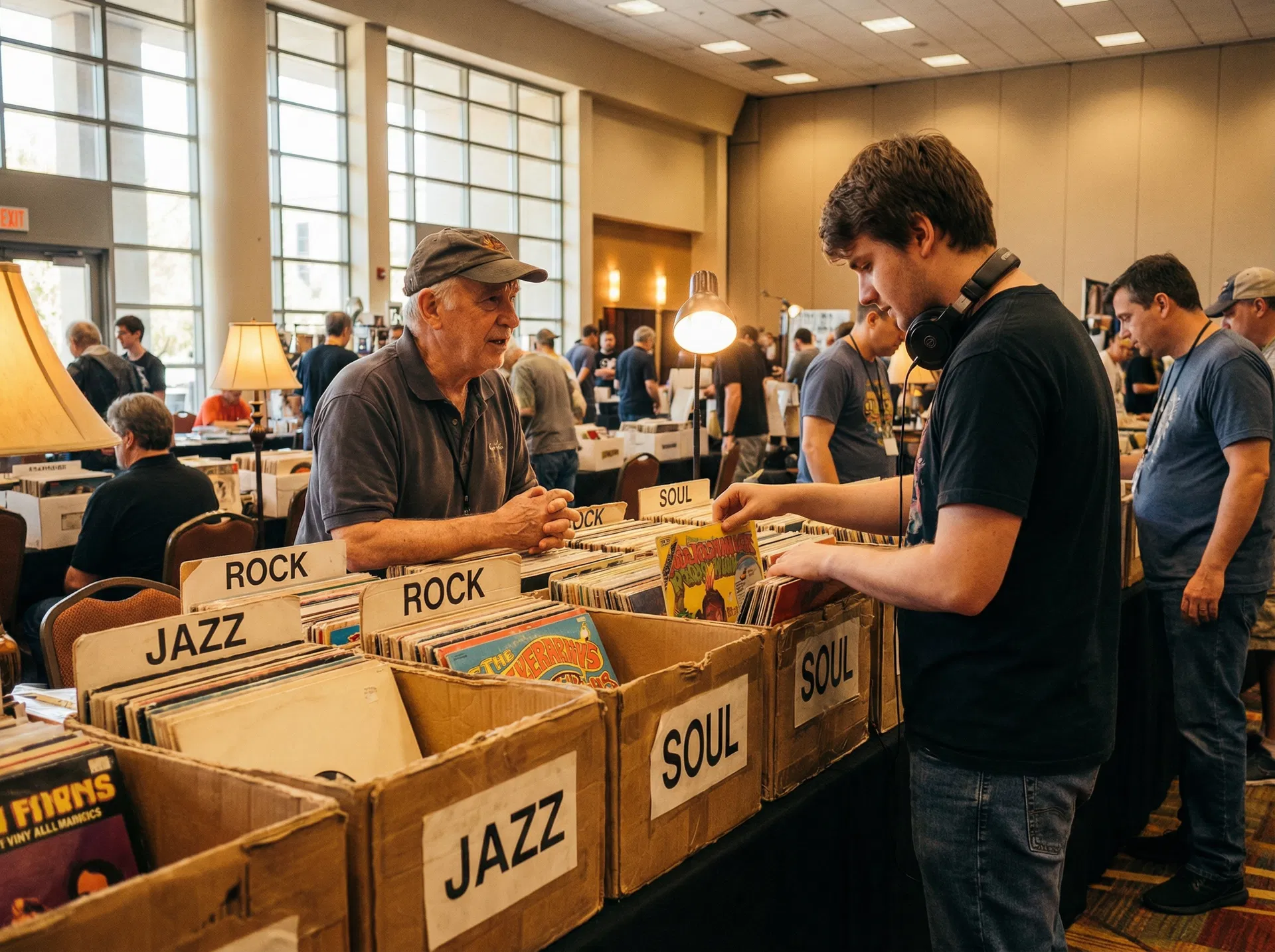 Vinyl records vendor — jazz, rock, and soul crates