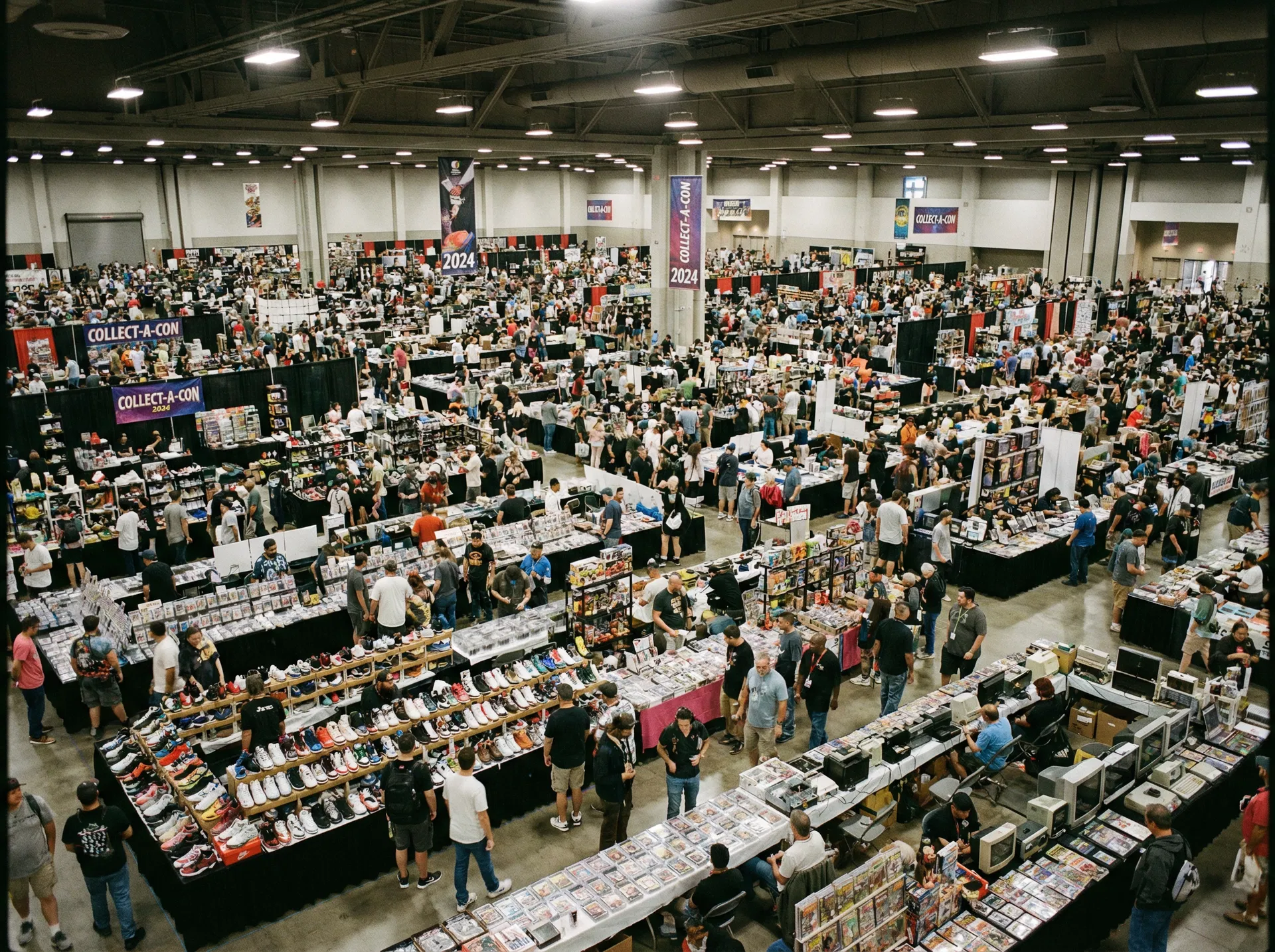 Aerial view of the packed trade show floor
