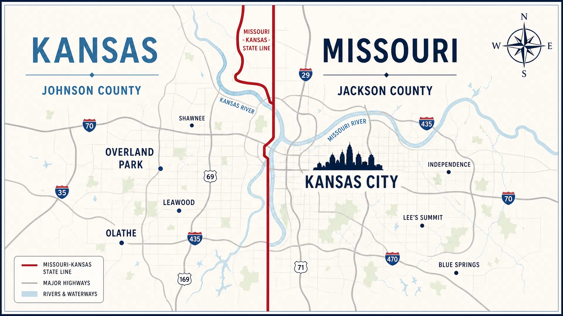 Kansas City Missouri-Kansas state line map showing Jackson County Missouri and Johnson County Kansas with State Line Road dividing the metro area