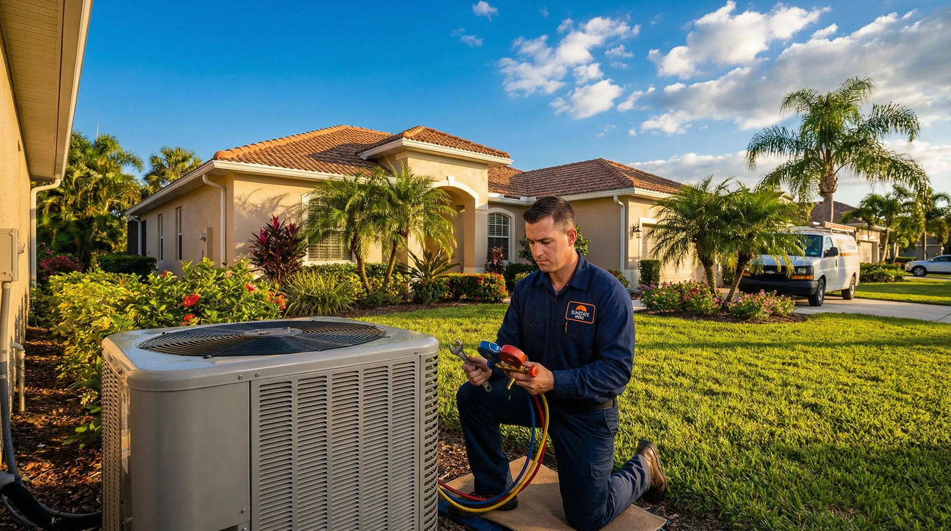 HVAC technician repairing AC unit outside Florida home — HVAC Palatka FL