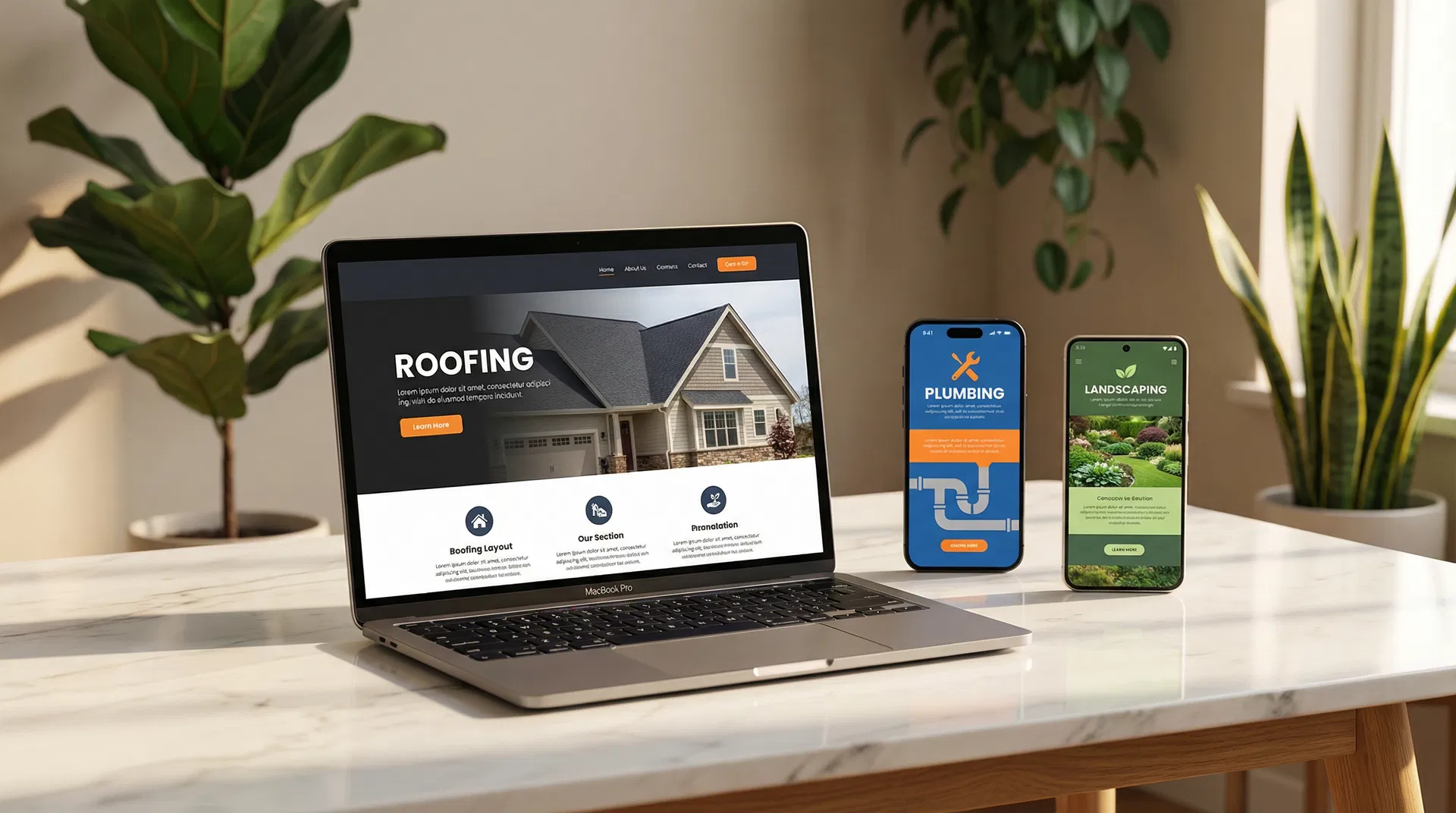 Contractor websites on laptop and phone showing local service sites