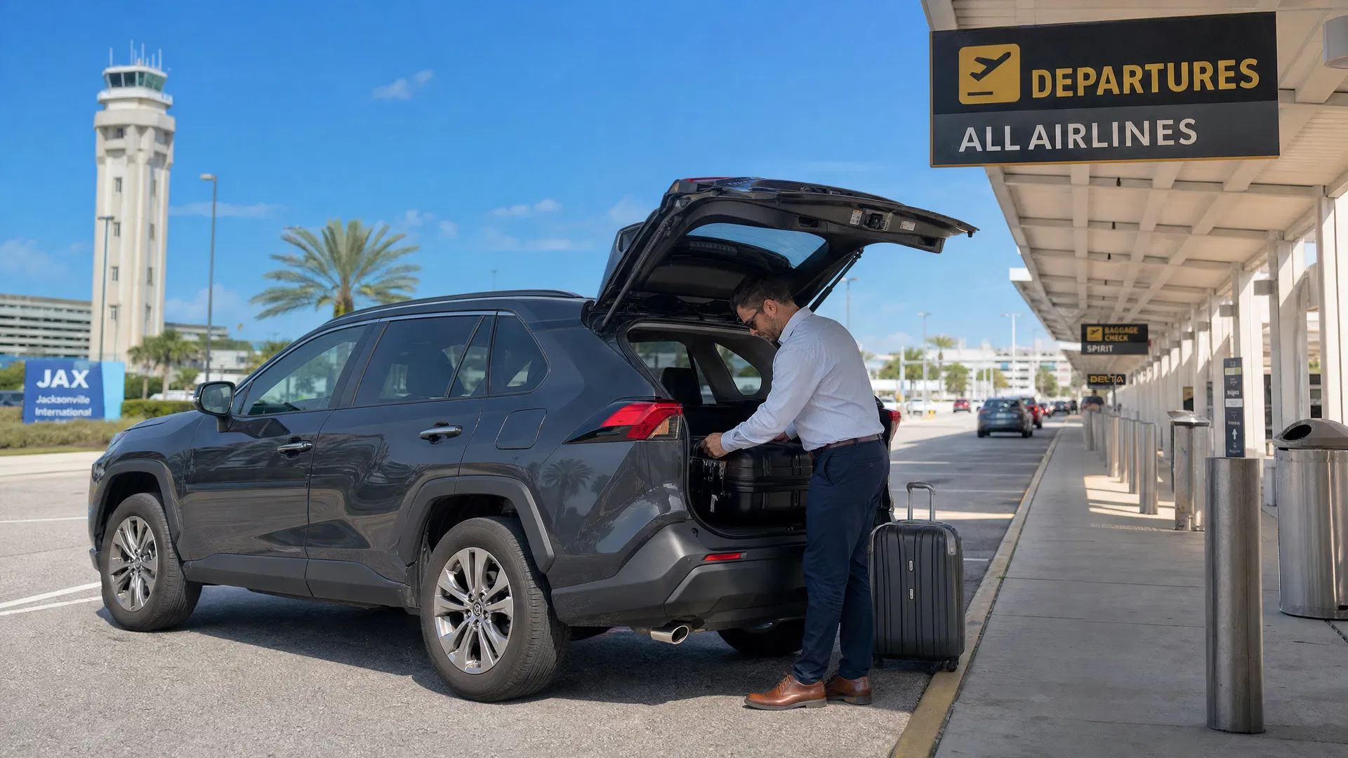 Palatka taxi service — dark charcoal Toyota RAV4 at Jacksonville airport
