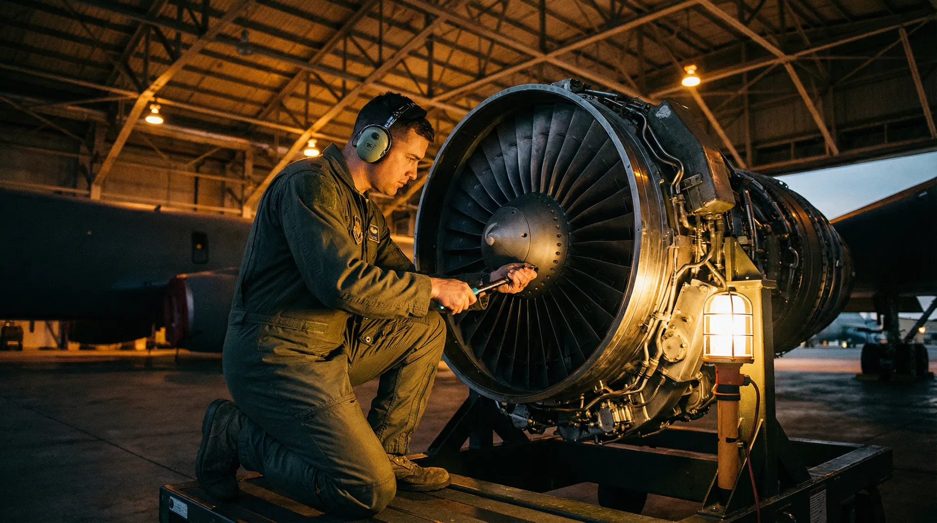 Military aviation maintenance technician working on jet engine