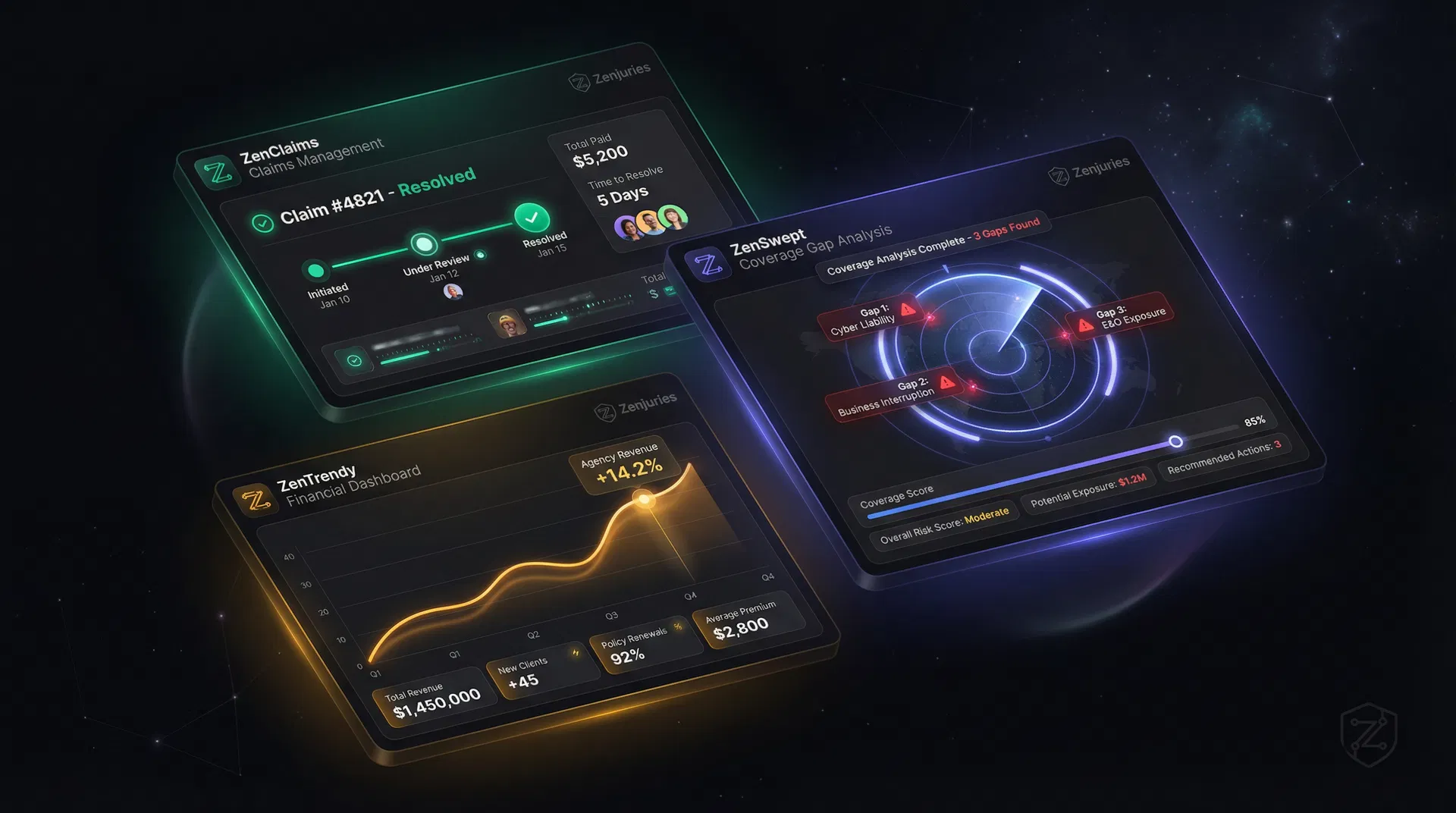 Zenjuries Suite — ZenClaims, ZenSwept, and ZenTrendy dashboards