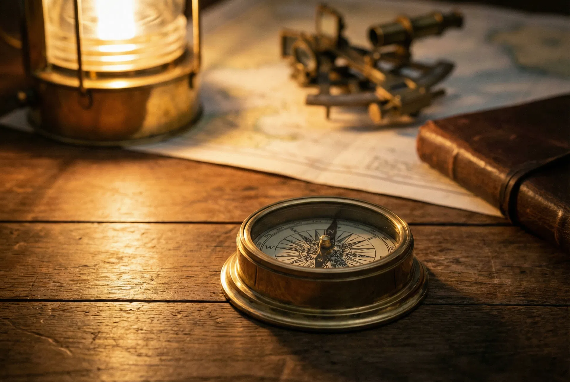 Nautical compass on wooden desk