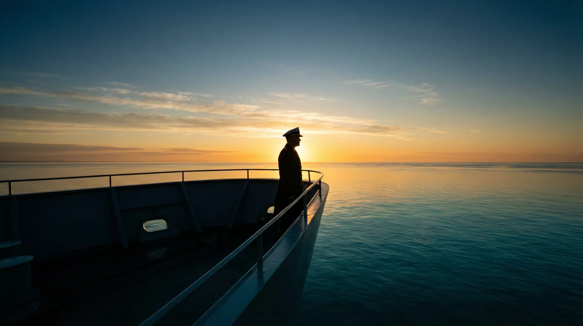 Naval officer at the bow of a ship at dawn