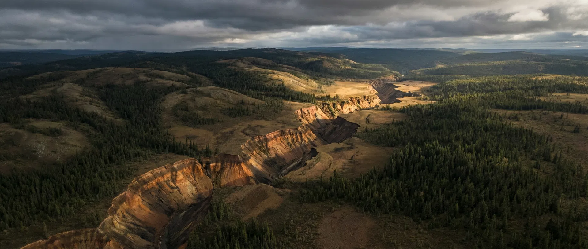 Aerial view of a geological fault line through Canadian landscape