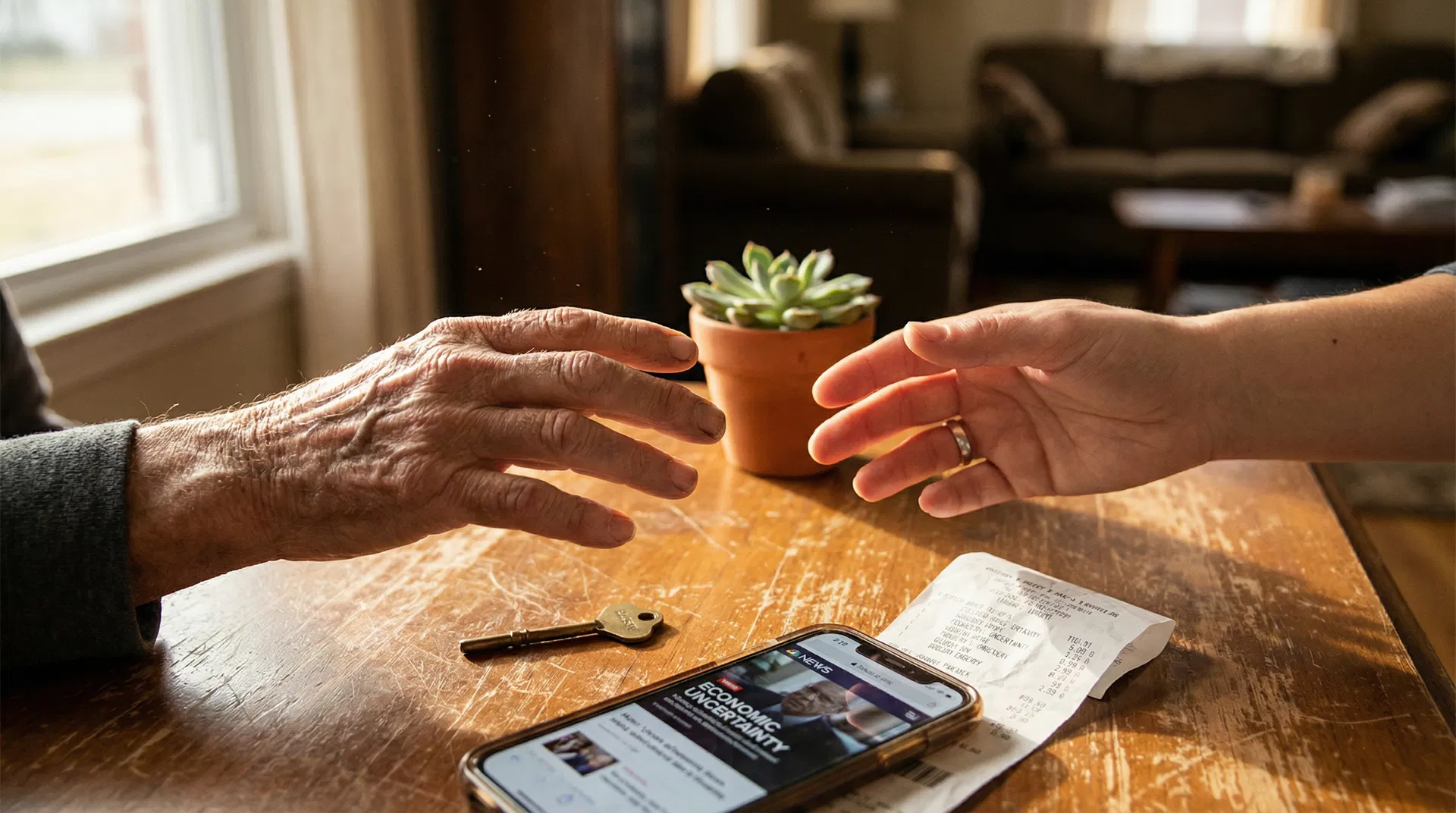 Two hands reaching across a table with a key, phone, and receipt