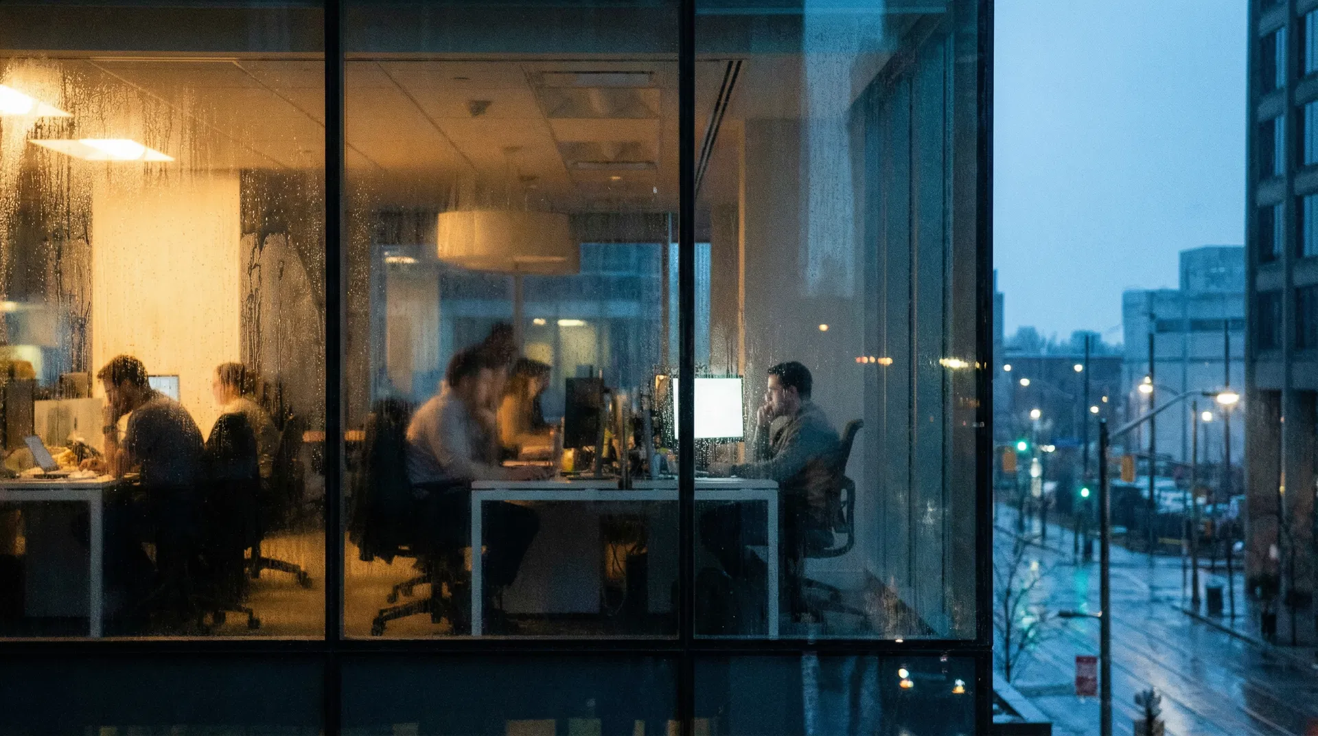 Office workers through rain-streaked glass at dusk