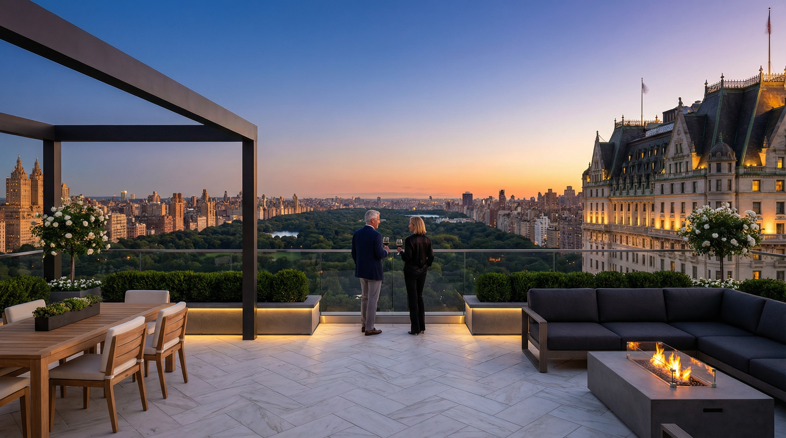 Central Park South private penthouse terrace at dusk — herringbone Calacatta marble porcelain pavers, clipped boxwood and white standard rose trees, frameless glass railings, teak dining zone, charcoal sectional with fire table, Plaza Hotel and Central Park views