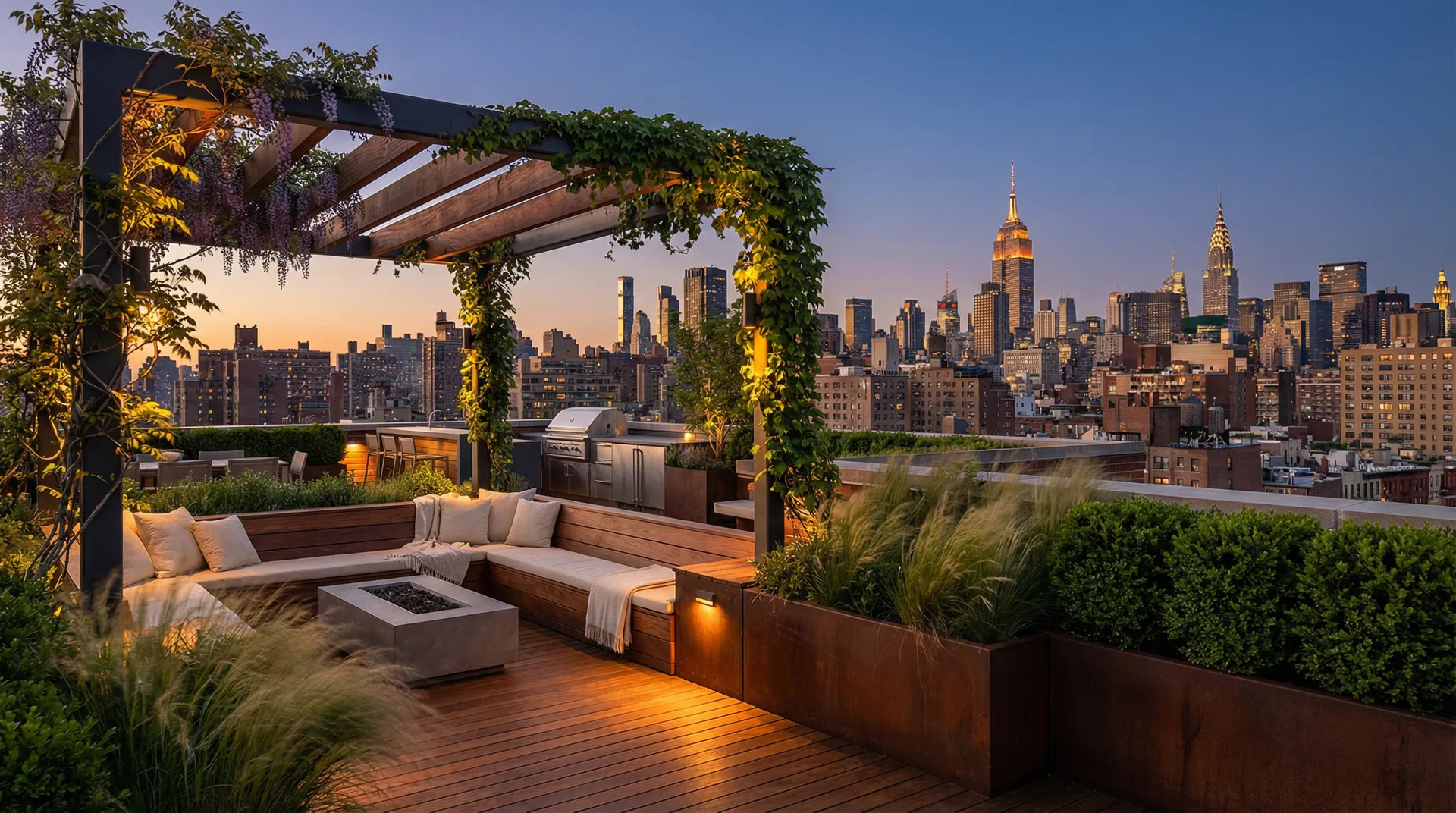 Park Slope penthouse rooftop terrace at twilight — ipe decking, steel-and-ipe pergola with climbing vines, built-in uplighting, ornamental grasses, Empire State Building and Midtown skyline at dusk