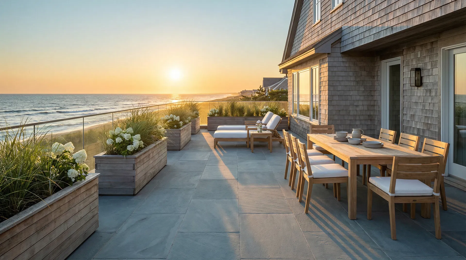 Hamptons oceanfront stone terrace at golden hour — bluestone porcelain pavers, dune grass planters, teak dining, glass railings, Atlantic Ocean view