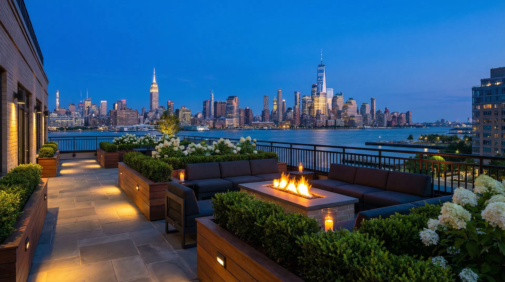 Hoboken brownstone rooftop terrace at blue hour — bluestone pavers, raised ipe planting beds with boxwood hedges and white hydrangeas, built-in fire table with lounge seating, black steel railings, and Manhattan skyline including Empire State Building and One World Trade Center across the Hudson River