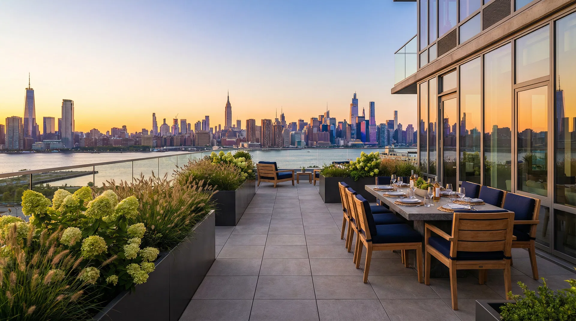 Jersey City waterfront rooftop terrace at golden hour — porcelain pavers, dark steel planters with ornamental grasses and limelight hydrangeas, teak dining set with navy cushions, frameless glass railings, and panoramic Manhattan skyline across the Hudson River