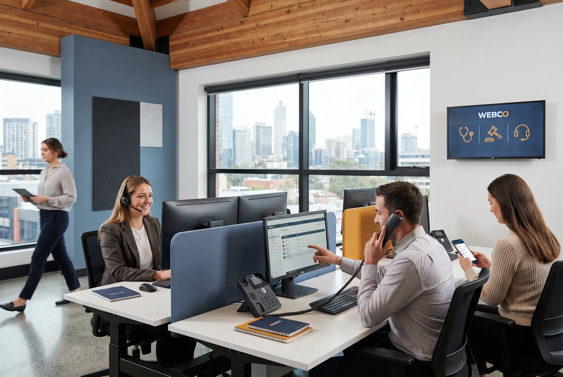 Australian business team using office phone systems and mobile VoIP tools