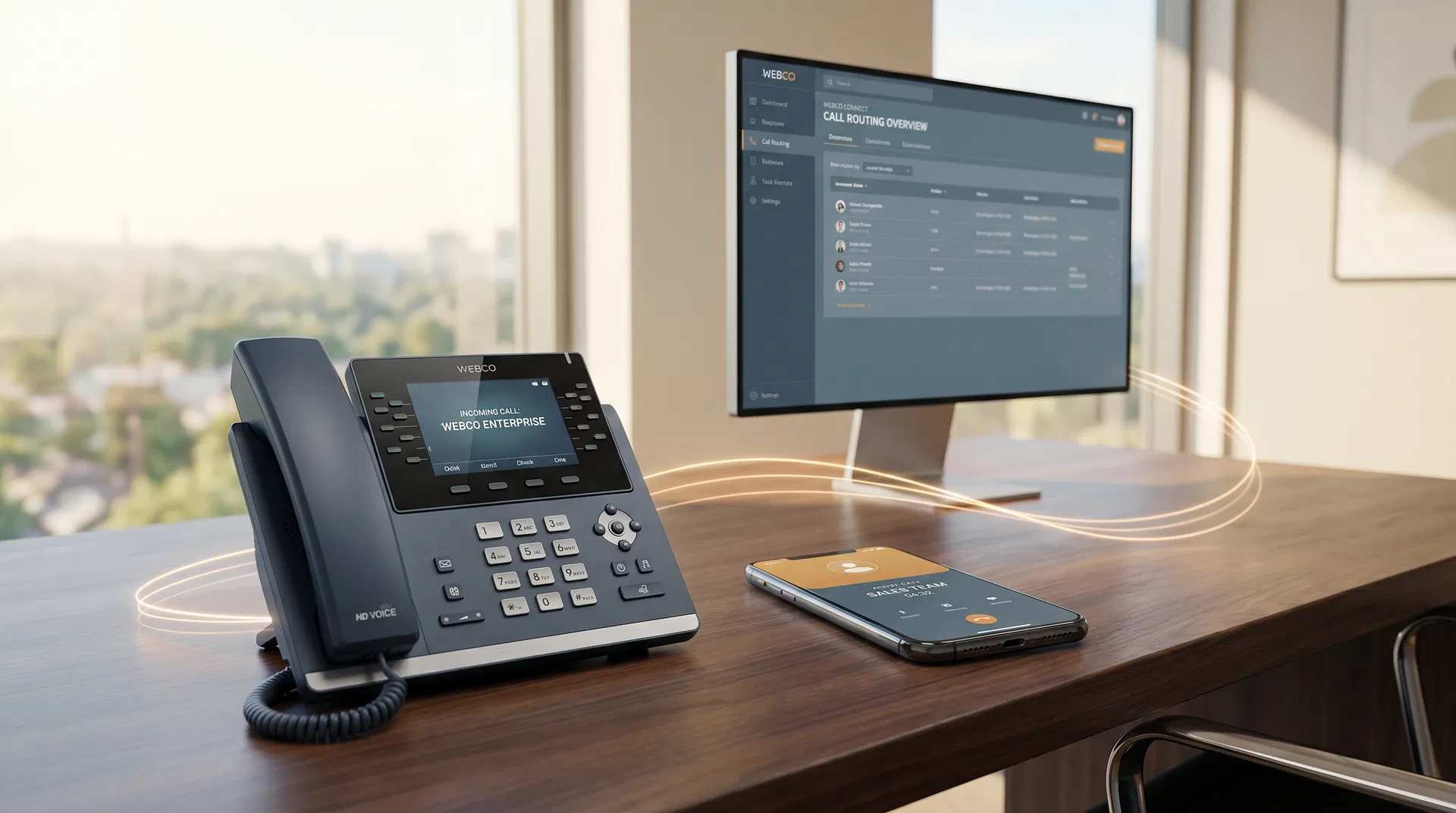 Business VoIP phone system with desk phone, mobile app, and call routing interface