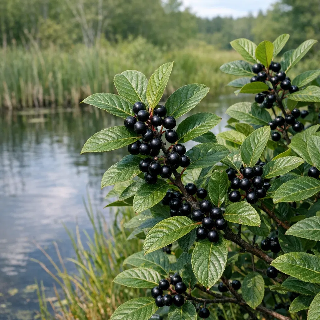 Glossy buckthorn shrub with dark green glossy leaves and clusters of dark purple-black berries growing near wetland in Southern Maine