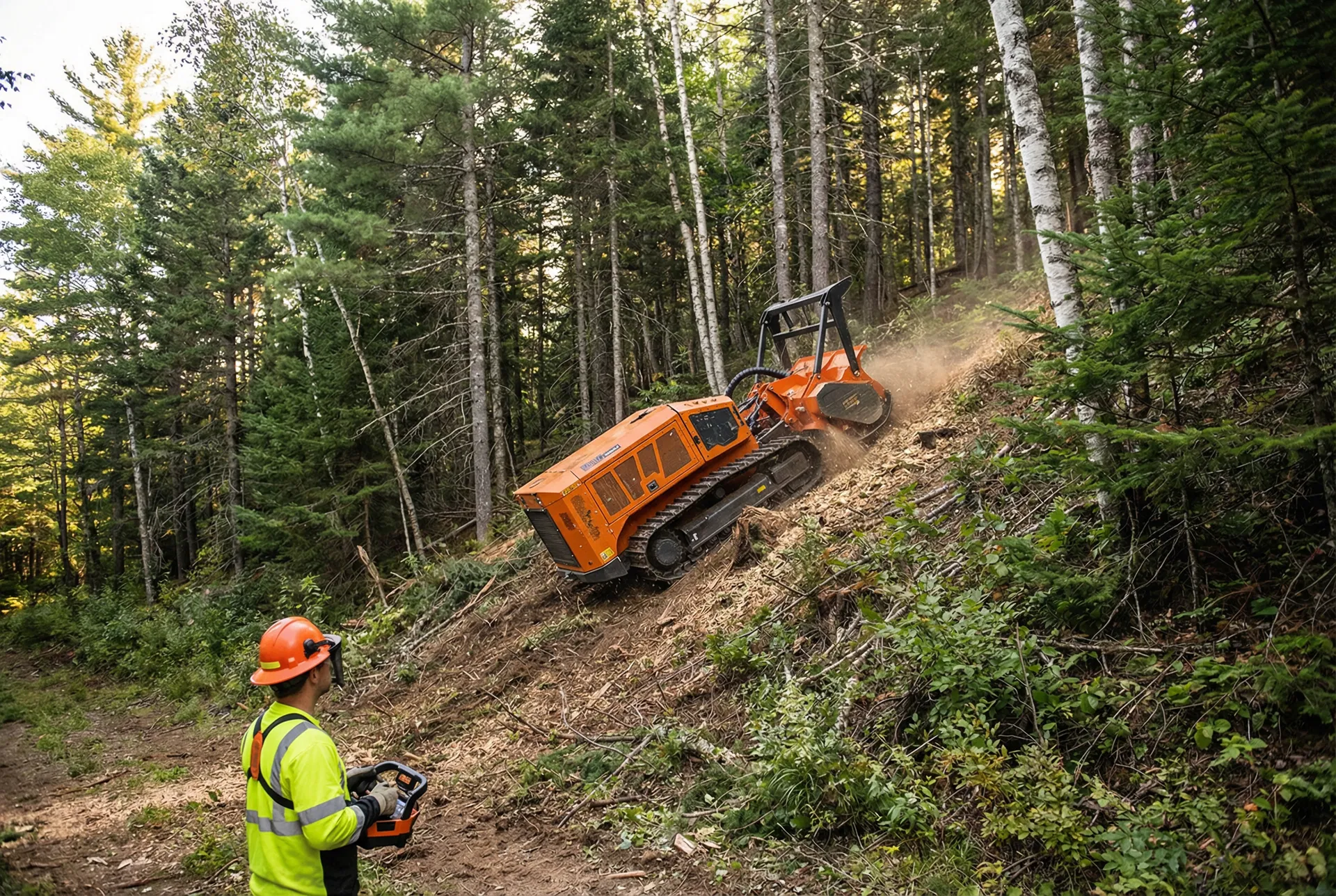 Remote-controlled forestry mulcher working on a steep hillside
