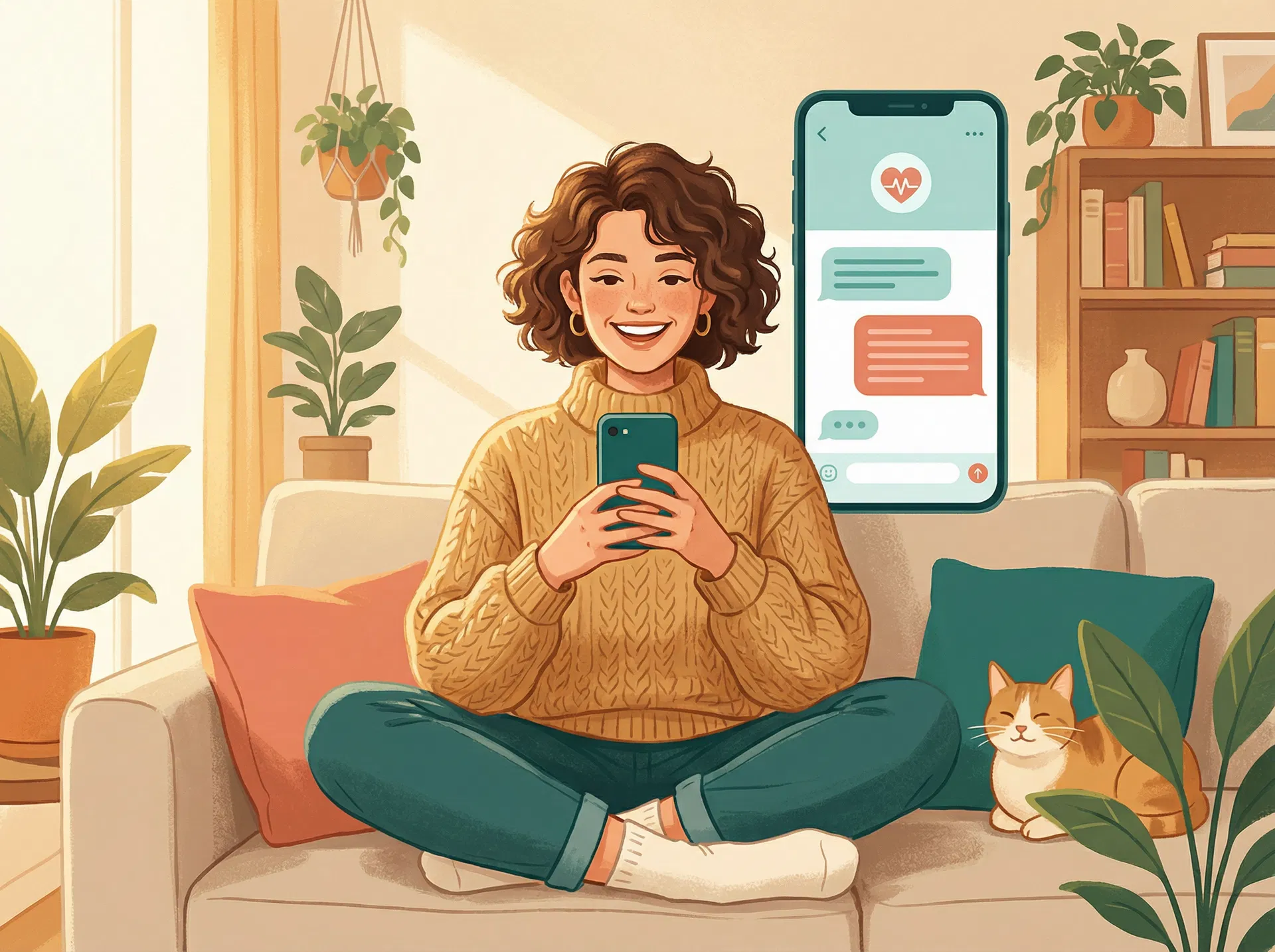 A patient comfortably using the Patient Ally app on their phone at home