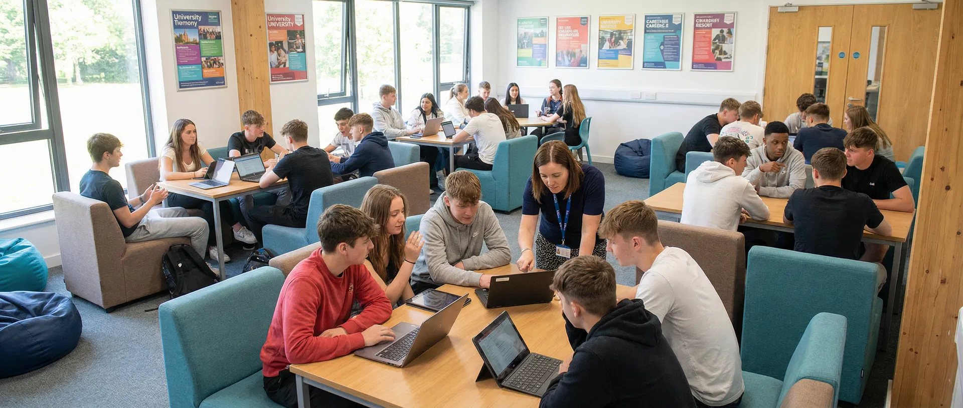 Students collaborating in a modern sixth form environment