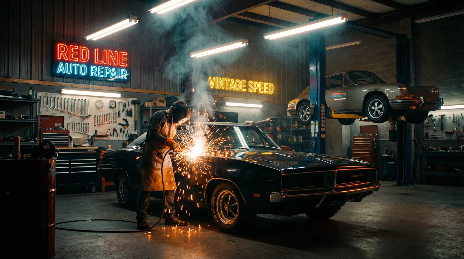 Professional automotive garage with mechanic welding a classic muscle car