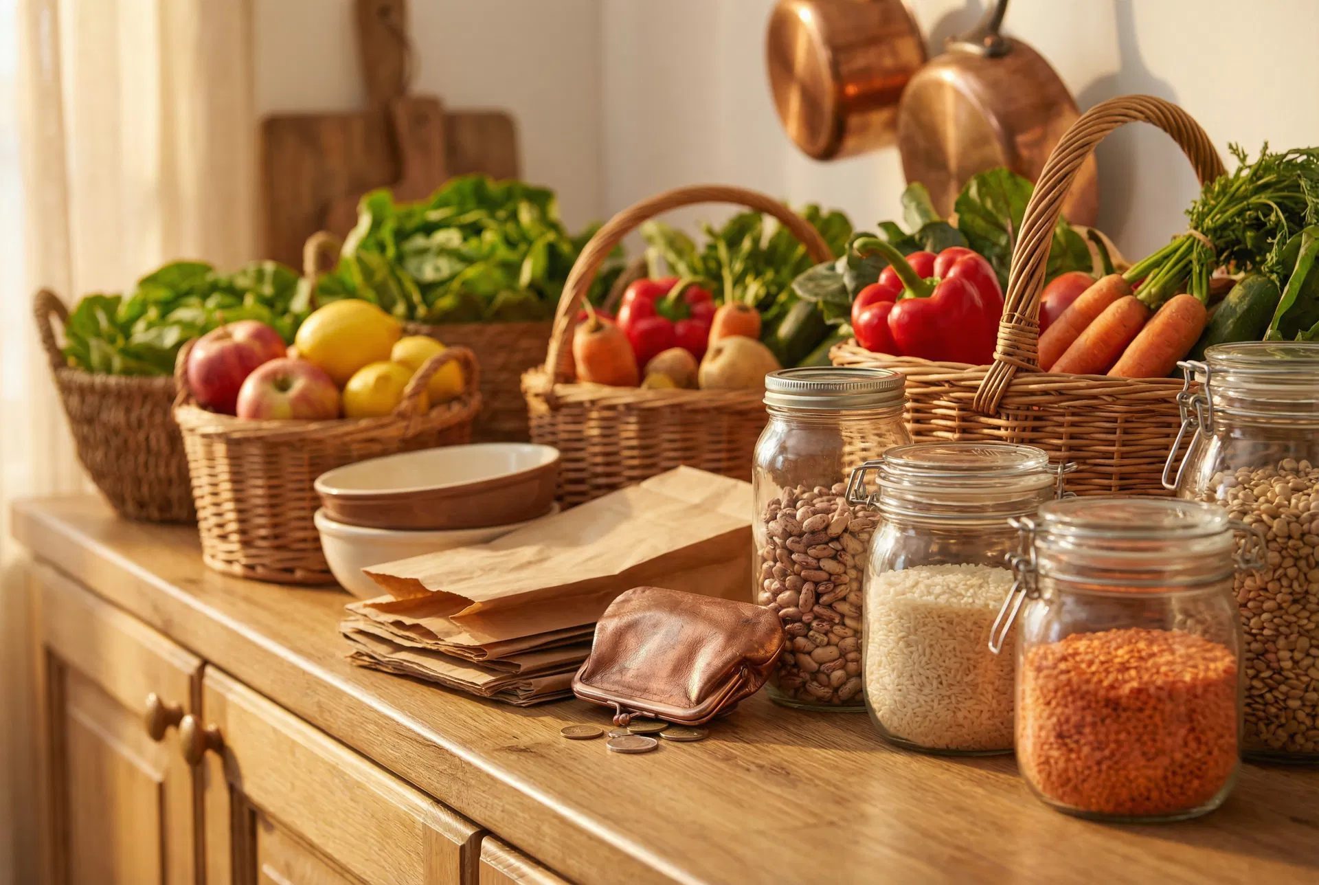 Fresh groceries and pantry staples on a kitchen counter — budget cooking inspiration