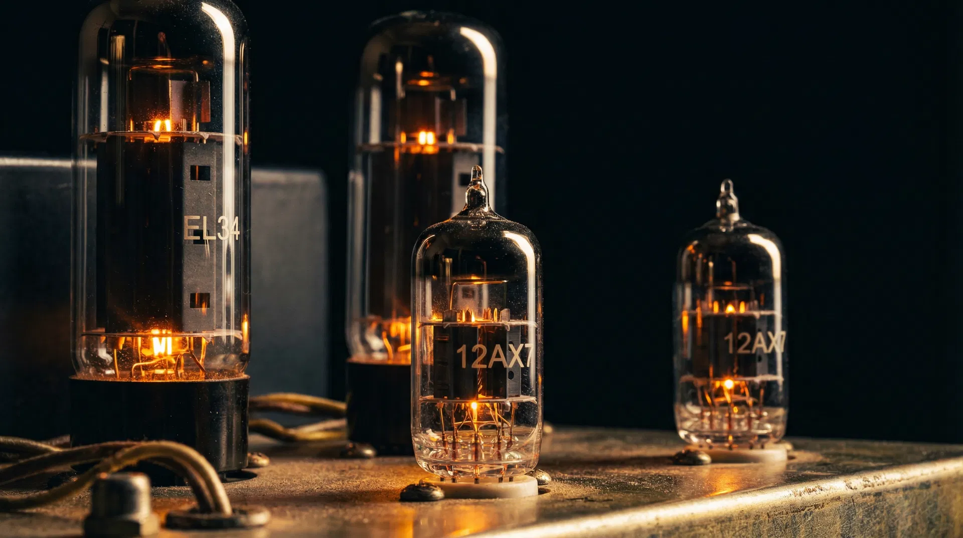 Glowing vacuum tubes in a vintage guitar amplifier