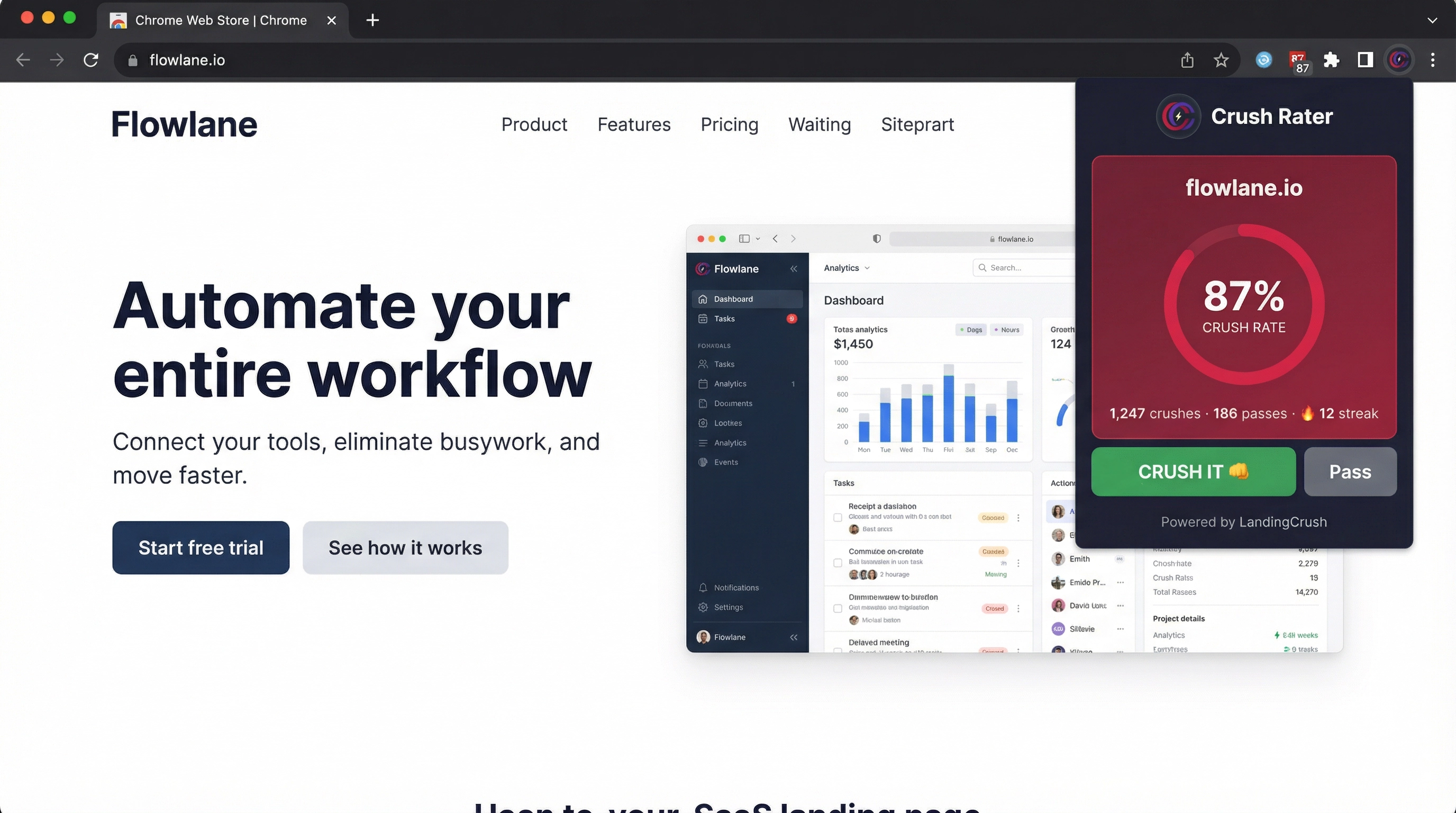 Crush Rater Chrome extension popup showing 87% crush rate on flowlane.io
