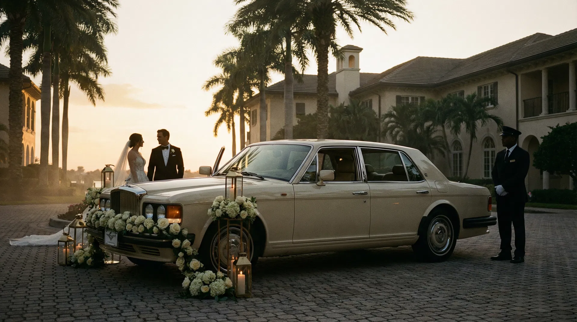 Bentley wedding arrival at Florida estate sunset