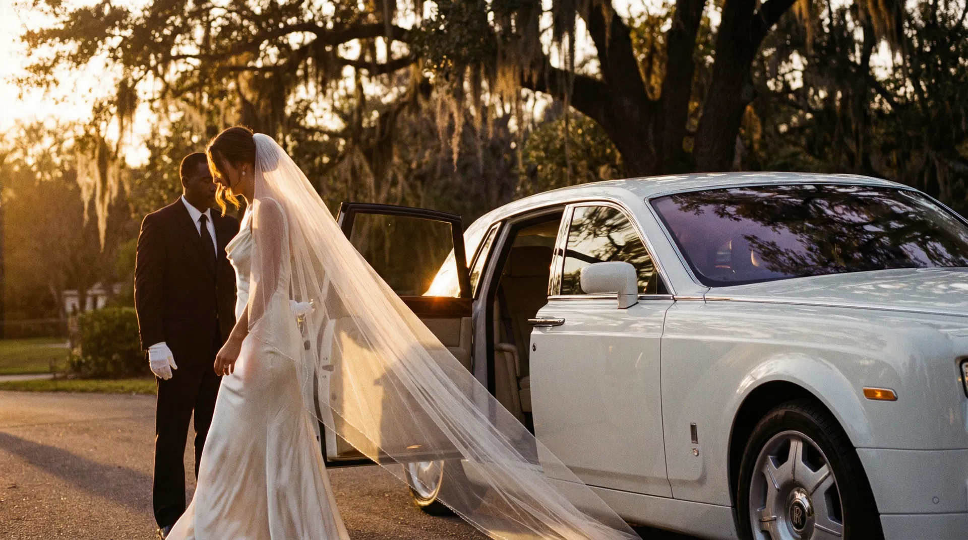 Bride and chauffeur beside Rolls-Royce at Florida estate