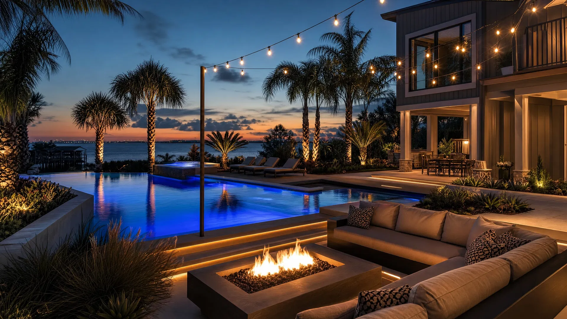 Luxury resort-style pool at sunset