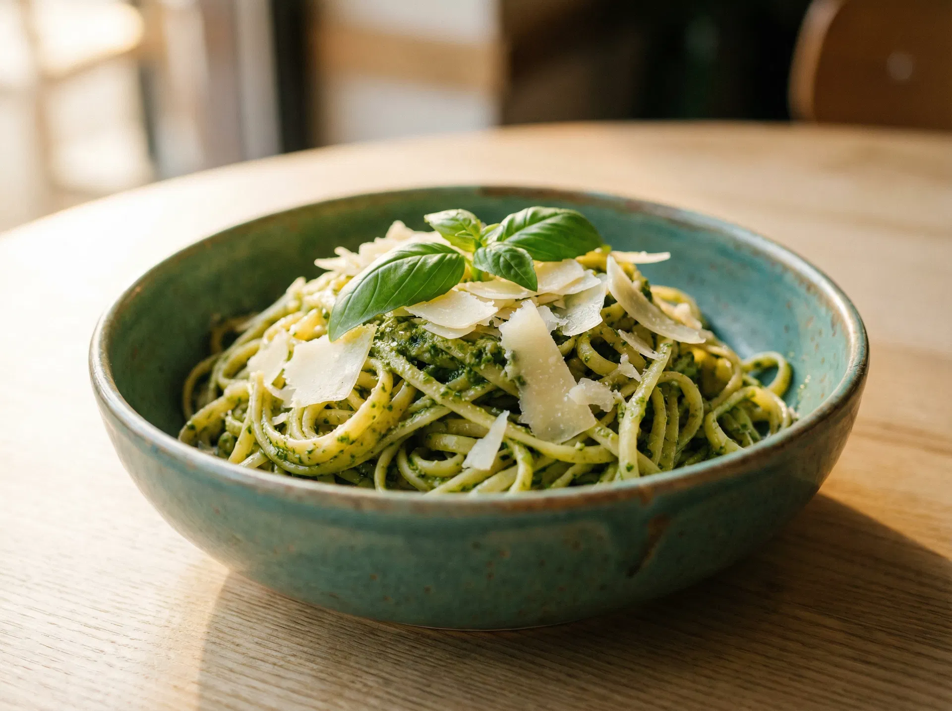 Fresh pesto pasta with basil and parmesan