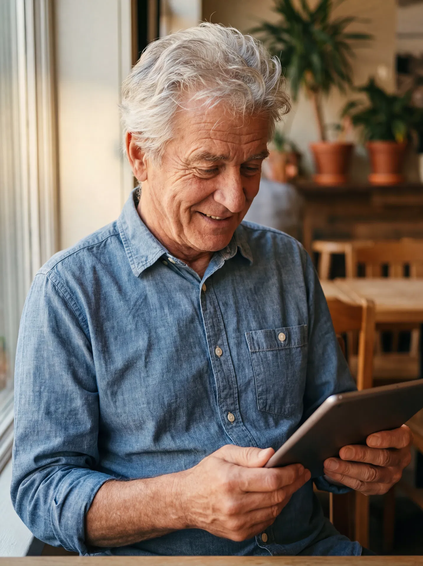 Man confidently using tablet