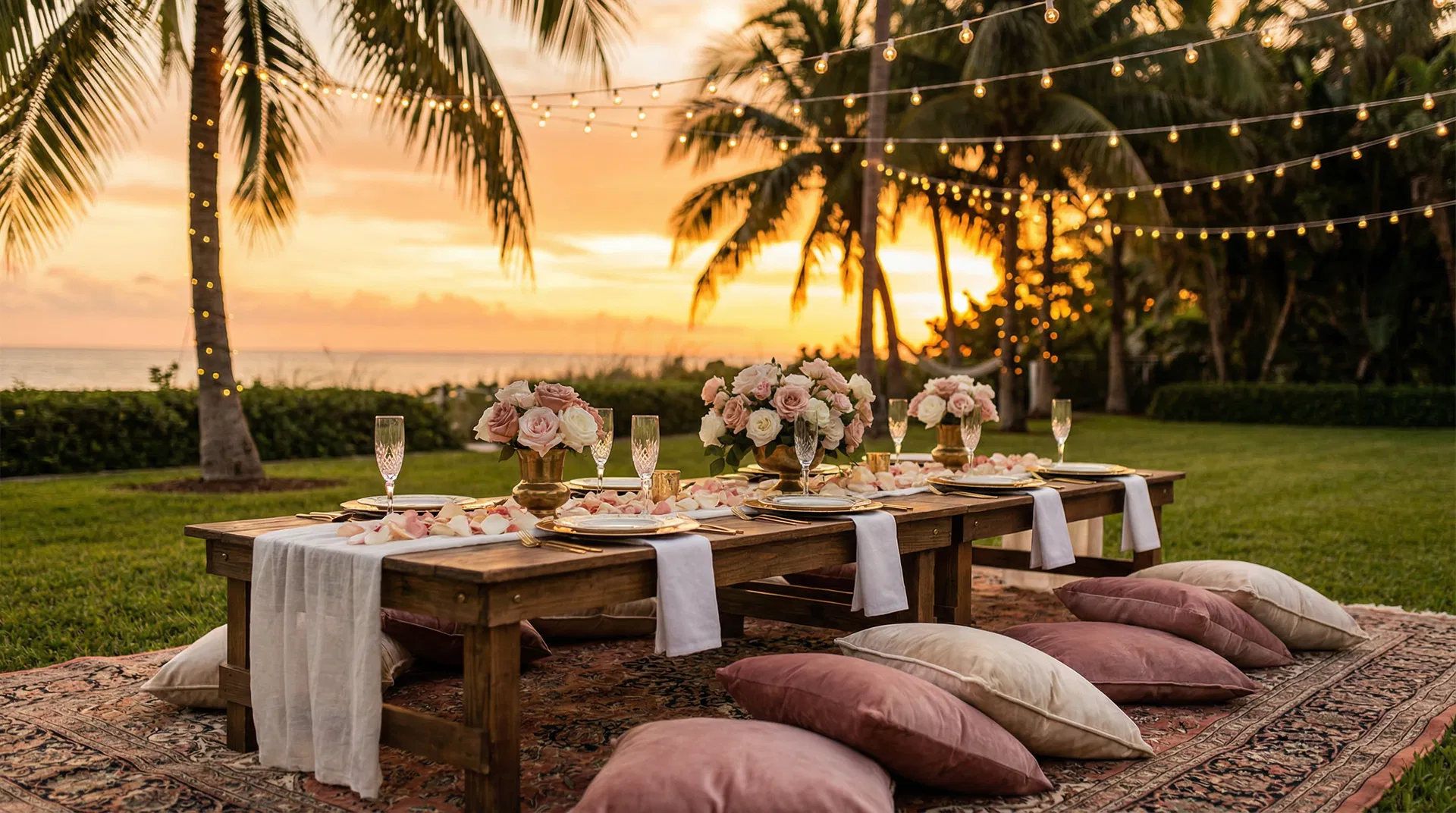 Luxury picnic setup at golden hour in Miami