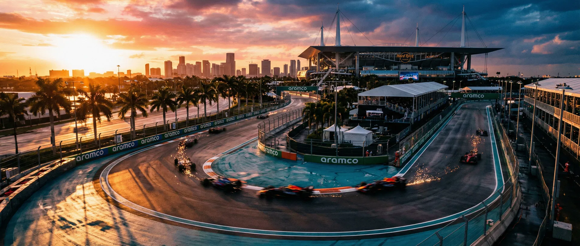 Formula 1 Miami Grand Prix race at sunset